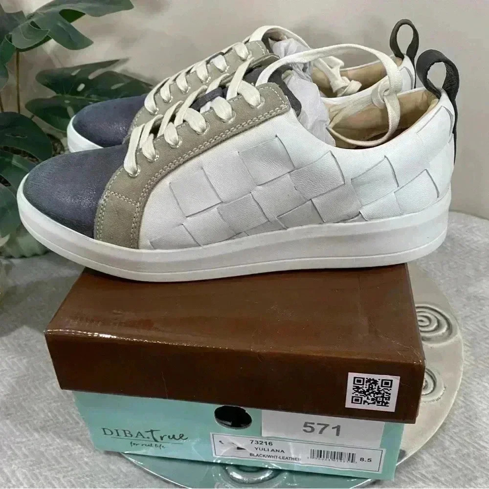 DIBA TRUE Yuli Ana Black White Leather Weave Lace Up Sneaker - New in Bo…